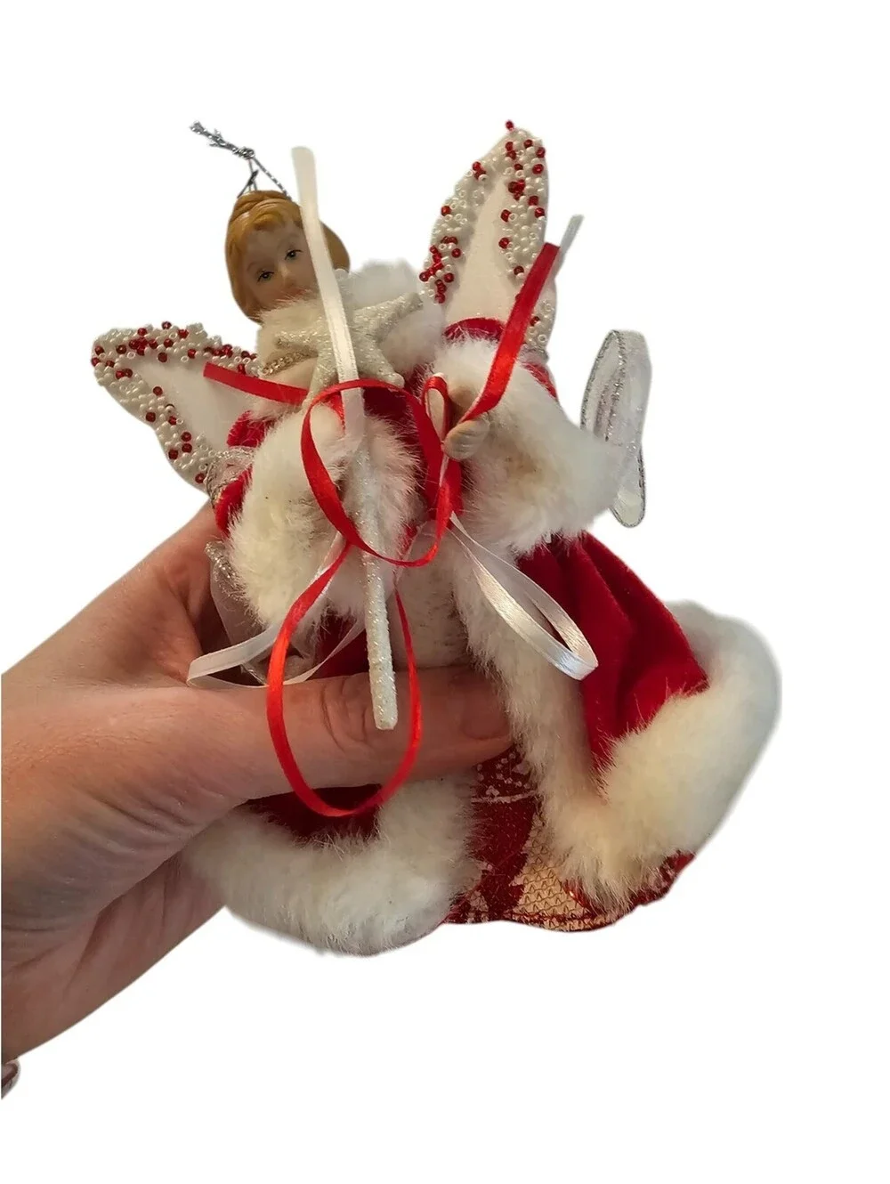 Vintage Christmas Tree Topper Angel Red White Accents Porcelain Kirkland